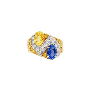 Blue Yellow Sapphire Diamond 18k Gold Ring 