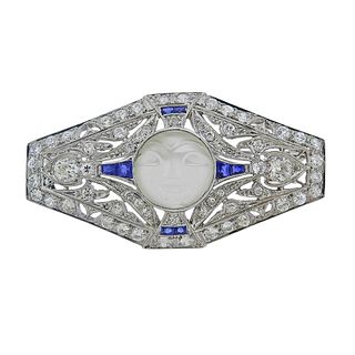 Art Deco Platinum Moonstone Diamond Sapphire Brooch 