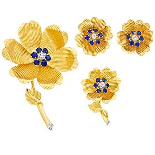 English 18k Gold Diamond Sapphire Flower Brooch Earrings Set 