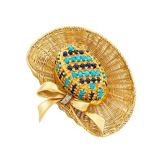 1960s 18k Gold Turquoise Diamond Sapphire Sun Hat Brooch 