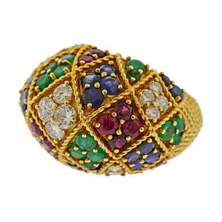 1960s Ruby Emerald Sapphire Diamond Gold Dome Ring