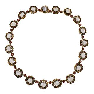 18k Gold Moonstone Enamel Flower Necklace 