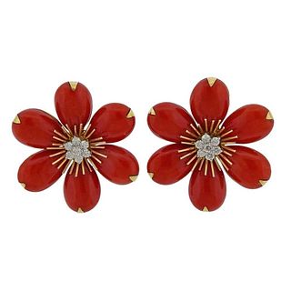 18k Gold Coral Diamond Flower Earrings