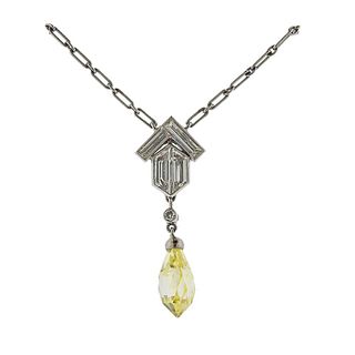 Tiffany &amp; Co GIA 2.71ct Fancy Yellow Briolette Diamond Platinum Necklace 
