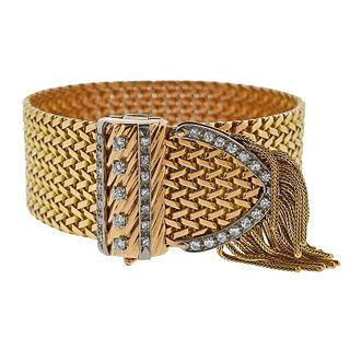 French Mid Century 18k Gold Diamond Tassel Bracelet 