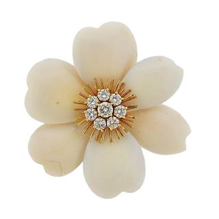 Van Cleef &amp; Arpels France Coral Diamond 18k Gold Flower Brooch 