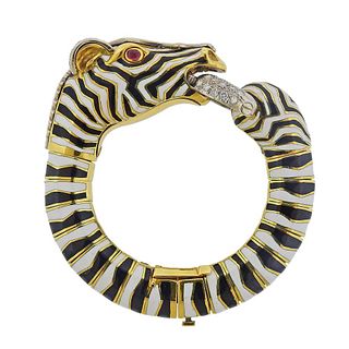 18k Gold Zebra Ruby Diamond Enamel Bracelet 