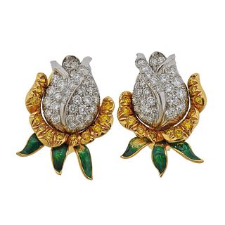 Oscar Heyman Gold Platinum Diamond Rose Flower Earrings 