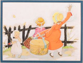 Fern Bisel Peat (1893-1971) Girls at Fence, Gouache on illustration board,