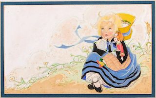 Fern Bisel Peat (1893-1971) Girl in Blue Dress Holding Doll, Gouache on illustration board,