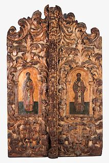 A Pair of Eastern Orthodox Gilt, Painted and Highly Carved Hardwood Royal Doors, 17th Century,