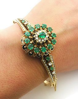 14k Yellow Gold Emerald Diamond 6.5" Bangle Bracelet