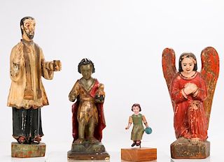 A Group of Four Carved Hardwood Santos Figures with Polychrome Decoration, 20th Century.