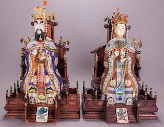 A Pair of Chinese Cloisonné, Rosewood and Faux Ivory Emperor and Empress, 20th Century.