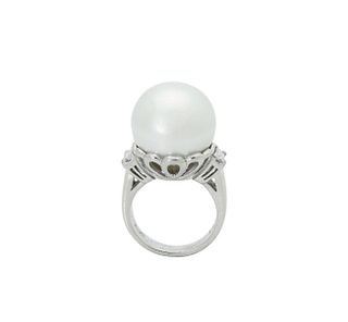 Platinum Pearl Emerald Cut Diamond Ring