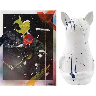 ANYA MYAGKIKH, a) Mexican Dream 3, Signed, Mixed technique on canvas, 40x30cm, b) Small Cat 3, Firmada, escultura intervenida, 10.6 x 5.9 x 6.2"