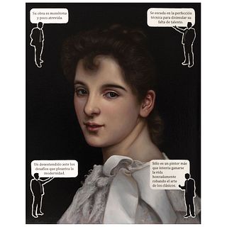 CÉSAR CÓRDOVA, Críticos dentro de la obra: Bouguereau, Signed on front and dated 2020.01 on back, Oil / canvas, 19.6 x 15.7" (50x40 cm), Certificate