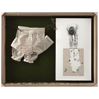 GABRIELA GONZÁLEZ LEAL, Paisaje I, Signed and dated 18 Box objet d'art: paper, tree branch, and drawing, 29.5 x 38.2 x 2.4" (75 x 97.2 x 6.2 cm)