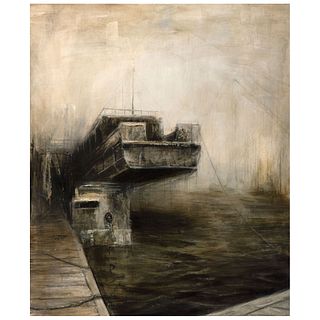 KRYSIA GONZÁLEZ, Astillero Progreso, series Mare Crisium, Signed and dated oct 2014 on back, Oil on canvas, 55.9 x 47.2" (142x120cm), Certificate