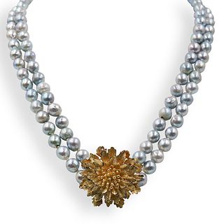 14k Gold and Tahitian Pearl Floral Necklace