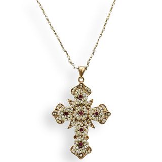 14k Gold, Seed Pearls and Ruby Cross Necklace