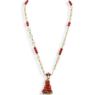 18k Gold and Coral Buddha Chain Necklace