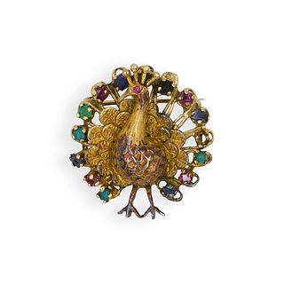 18k Gold and Precious Stone Peacock Pin