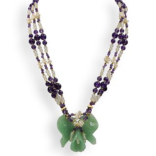 Carved Aventurine and Beaded Amethyst Necklace