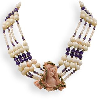Italian Carved Coral and Beaded Amethyst Necklace