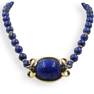 18k Gold and Lapis Lazuli Beaded Scarab Necklace
