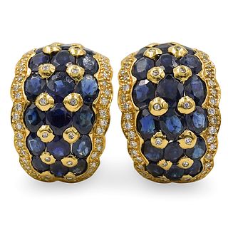 Pair Of 14k Gold, Sapphire and Diamond Earrings