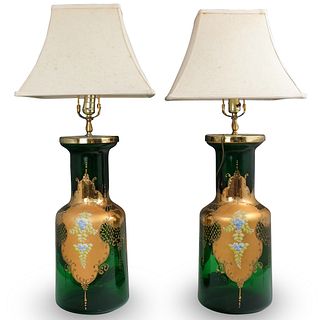 (2 Pc) Green Bohemian Glass Lamps