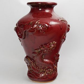 Chinese Dragon Motif Red Vase