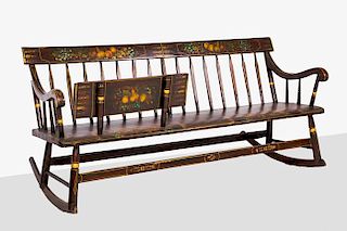 An American Stencil Painted Pine Mammy Rocking Bench with Cradle Insert, 20th Century.