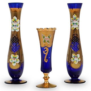 (3 Pc) Blue Bohemian Glass Gilded Vases