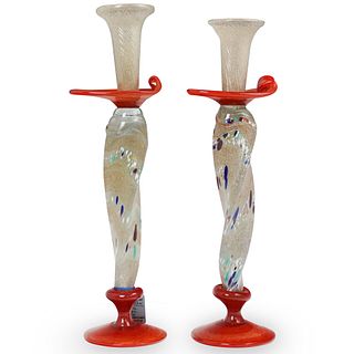 (2 Pc) Signed Murano Glass Candle Holders