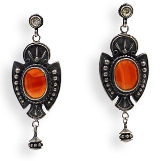 Pair Of Antique Sterling and Amber Earrings