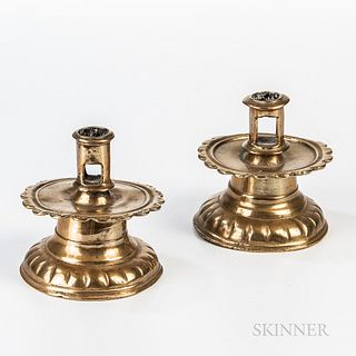 Two Decorated Brass Capstan Candlesticks
