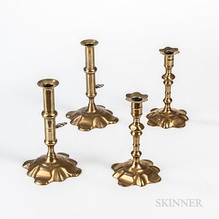 Two Pairs of Brass Petal-base Candlesticks