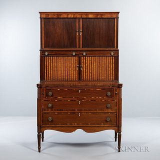 Federal Carved and Inlaid Mahogany Double Tambour Desk