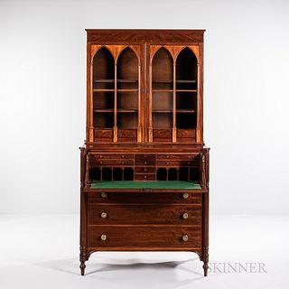 Federal Glazed Carved Mahogany and Mahogany Veneer Inlaid Butler's Desk/Bookcase