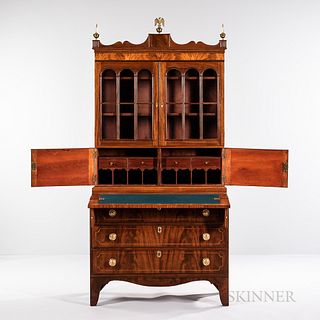 Federal Carved Mahogany and Mahogany Veneer Glazed Desk/Bookcase