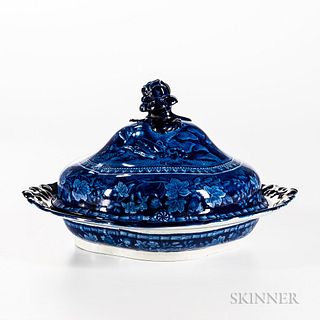 Staffordshire Historical Blue Transfer-decorated Arms of Virginia Covered Vegetable Dish