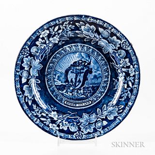 Staffordshire Historical Blue Transfer-decorated Arms of Rhode Island Plate