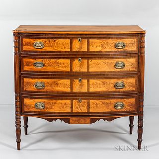 Federal Mahogany and Flame Birch Veneer Inlaid Bowfront Chest of Drawers