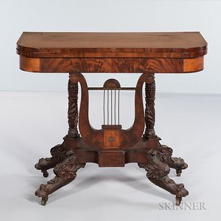 Brass- and Exotic Wood-inlaid Mahogany Lyre-base Card Table