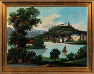 Possibly Thomas Chambers (New York/England, 1808-1869)      Landscape with a Village Along a River