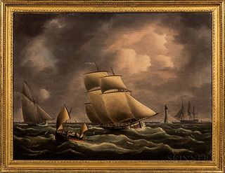 Thomas Buttersworth Jr. (English, 1797-1842)      An Armed Customs Cutter Pursuing a Smuggling Lugger off the Eddystone Lighthouse