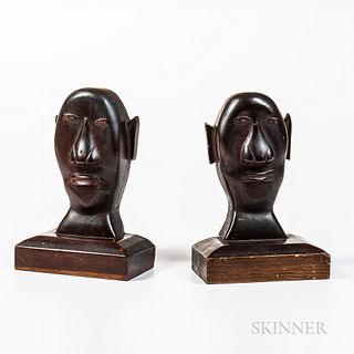 Pair of Carved Black Walnut Folk Art Bookends