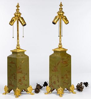 French Asian Motif Ceramic and Gilt Table Lamps